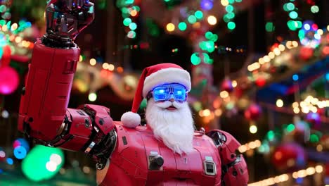 a robot dressed as santa claus holding a gun in front of a christmas tree