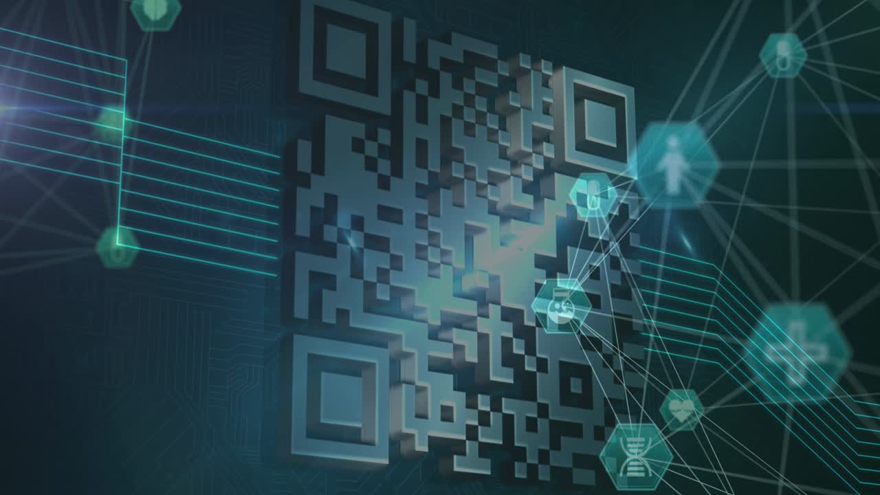 animación de la red de conexiones con iconos médicos que giran sobre el código qr