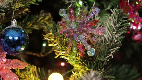 christmas decorations on a christmas tree in closeup