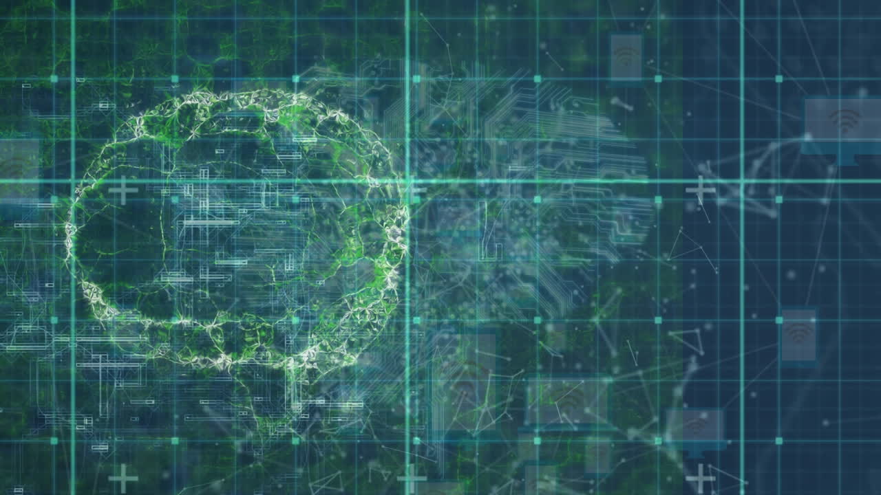 Animation of brain and green data processing over grid