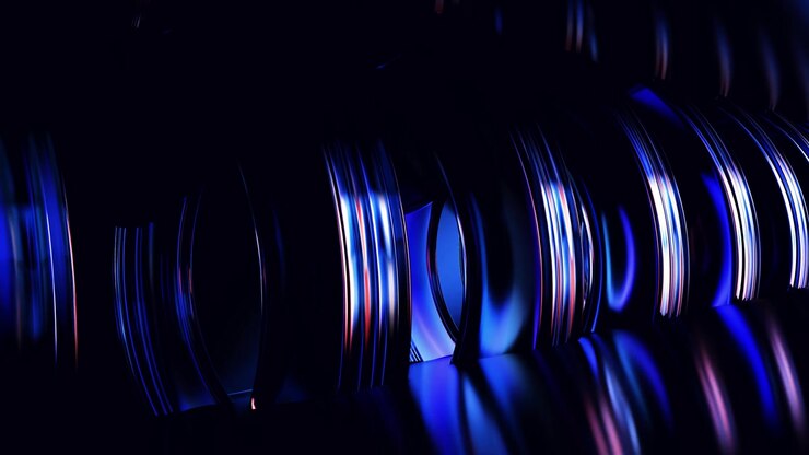 Animazione 3D astratta di anelli metallici rotanti con illuminazione blu