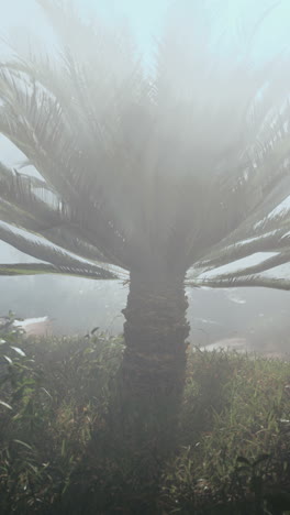 a tall palm tree stands in a misty forest