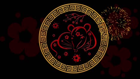 lunar new year, spring festival background with rat simbol, sakura, glittering fireworks. chinese new year black magical night backdrop for holiday event 3d rendering animation. seamless loop 4k video