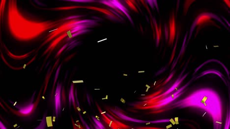 Animation-Von-Goldenem-Konfetti,-Das-über-Sich-Drehende-Rote-Und-Violette-Lichtspuren-Im-Hintergrund-Fällt