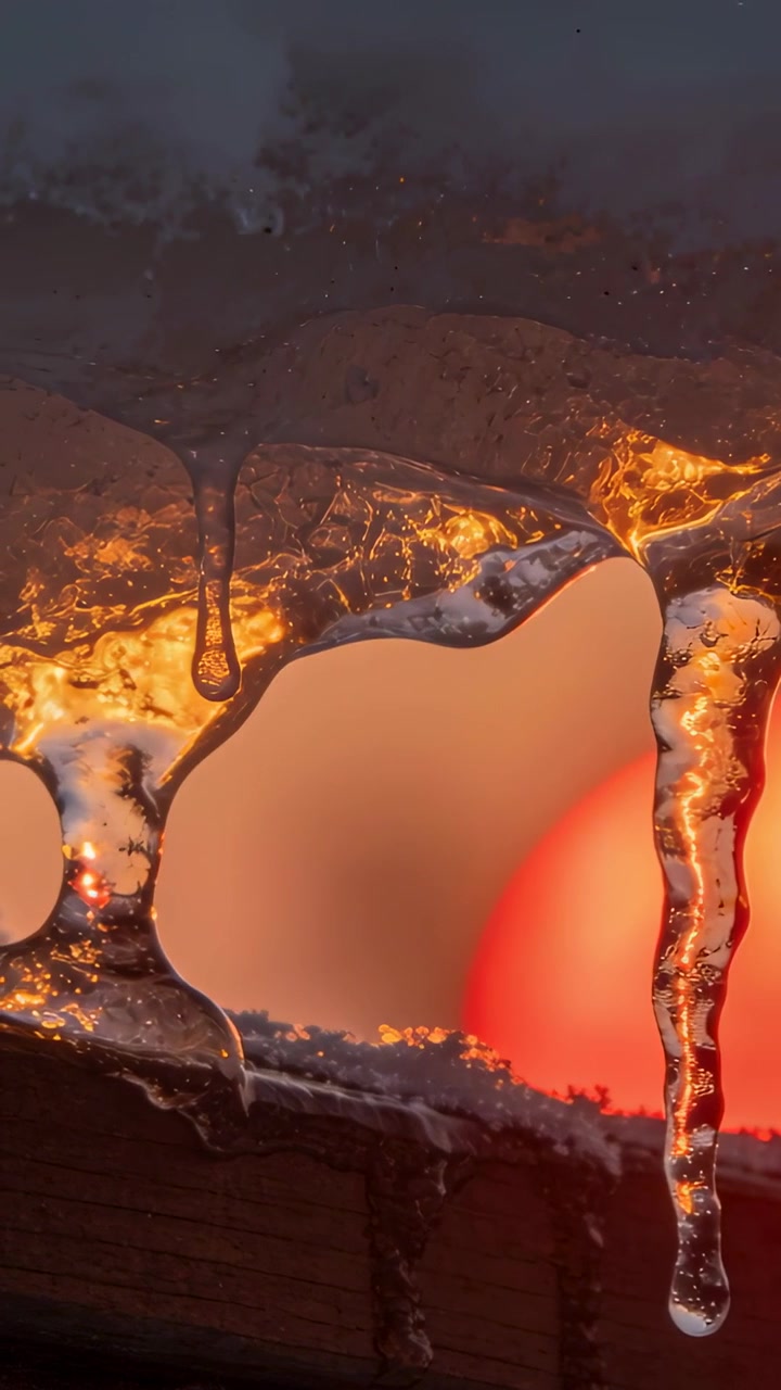 Video verticale: Sole caldo che scioglie i ghiaccioli, ghiaccio su finiture in legno al tramonto, goccia che si allunga