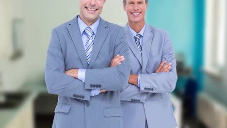 animation of smiling diverse business people with arms crossed in office