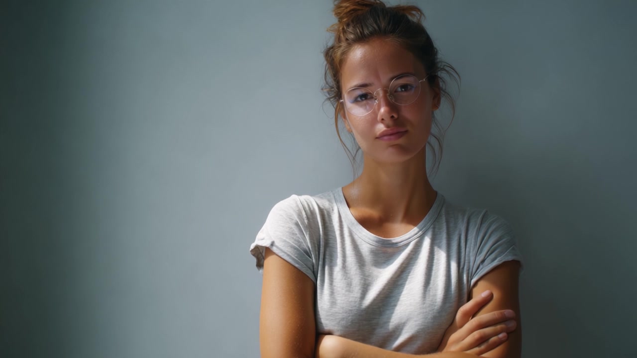 A contemplative young woman with glasses stands with her arms crossed, expressing a mix of introspection and emotion against a neutral background.