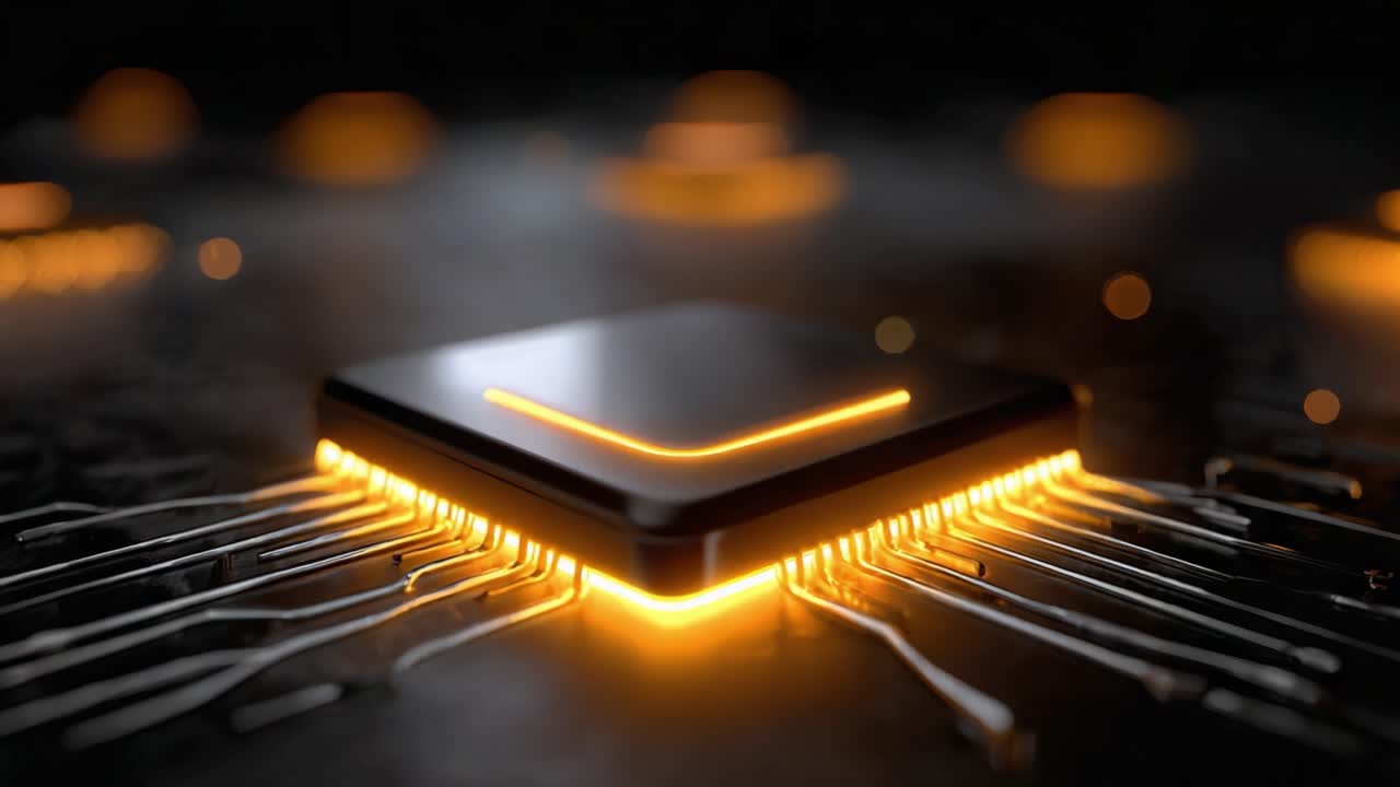 En elegant, oplyst mikroprocessor med levende orange nuancer, der viser indviklede kredsløb og avanceret teknologi i et højteknologisk elektronisk miljø
