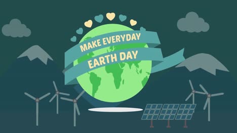 animation of earth day and globe with wind turbines on dark green background