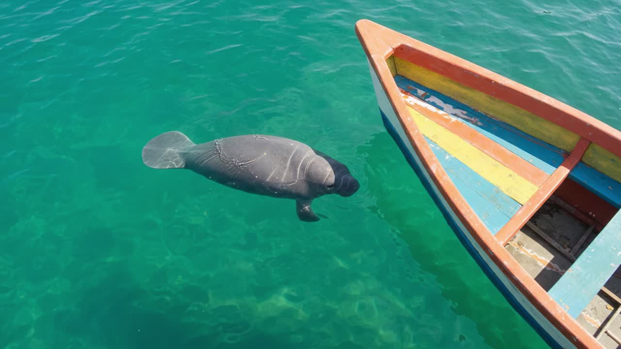 A peaceful encounter between a gentle manatee and a vibrant fishing boat, showcasing the beauty of marine life against a tranquil turquoise backdrop