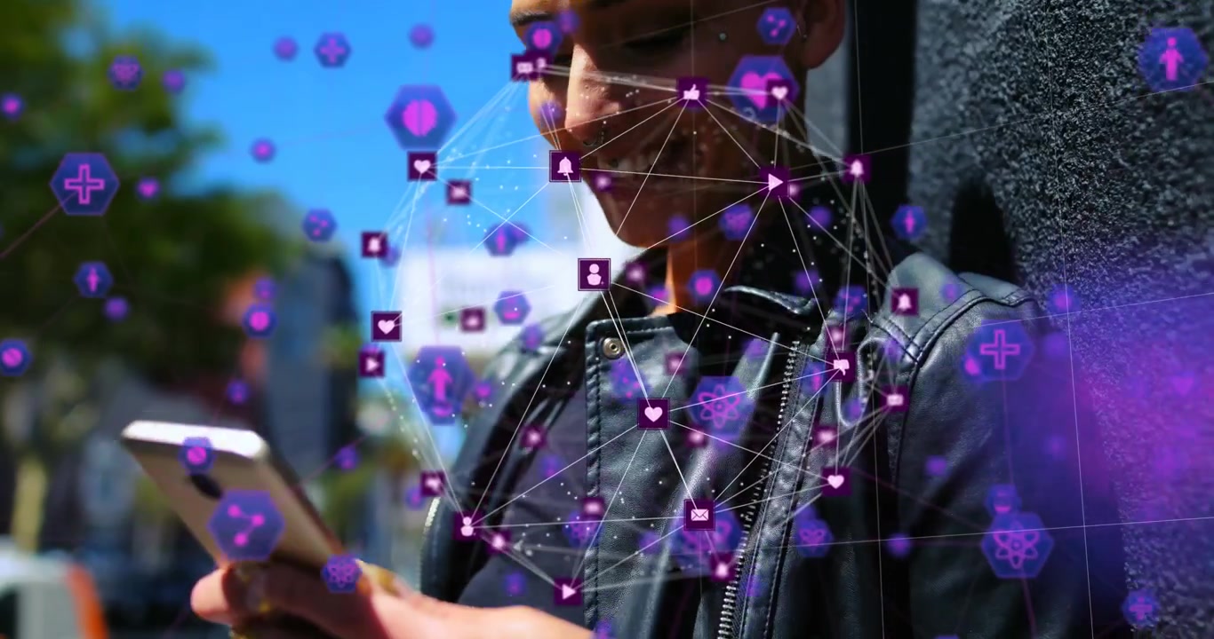 Young Woman Using Smartphone with Social Media Network Overlay