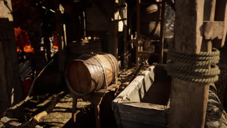 inside an old rustic wooden cabin with a barrel