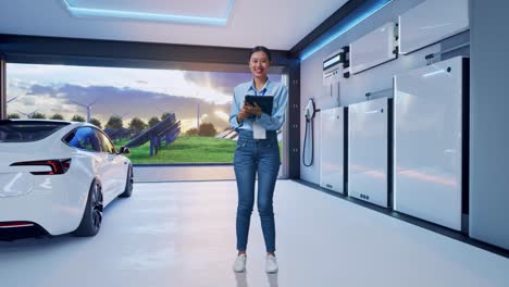 full body of asian female with home energy storage system in a modern garage, typing on tablet's keyboard and looking camera and smiling