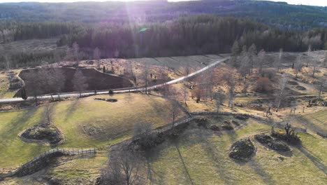 Aerial-panoramic-view-of-Swedish-countryside-landscape-in-sunny-morning