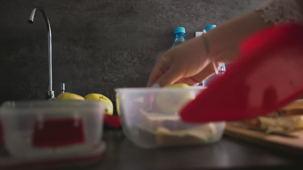 closeup of hand placing sandwich slices into plastic container on kitchen counter next to sliced bread, green apples, and water bottle in soft morning light preparing healthy snack for school