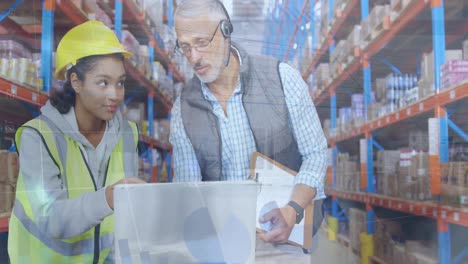 Animation-of-financial-data-over-diverse-female-and-male-warehouse-workers