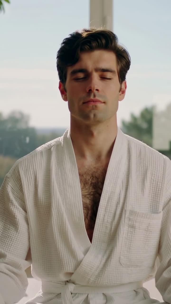 Young Man Meditating Peacefully in a White Bathrobe