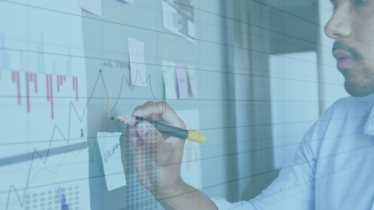 animación de la interfaz con gráficos y datos con el hombre en la oficina haciendo notas en la pared