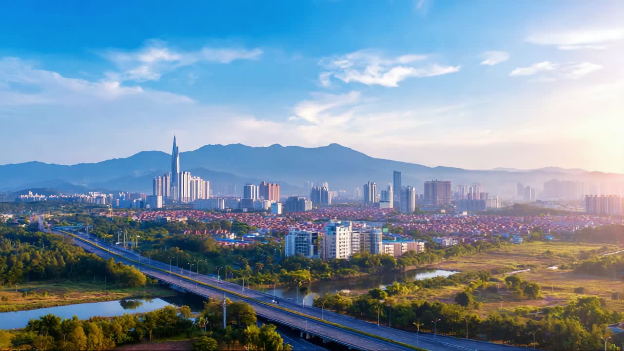 Una vista panoramica mozzafiato cattura il vivace paesaggio urbano che si fonde perfettamente con la natura, illustrando un moderno skyline sullo sfondo di montagne maestose e un fiume tranquillo, incarnando armonia e crescita