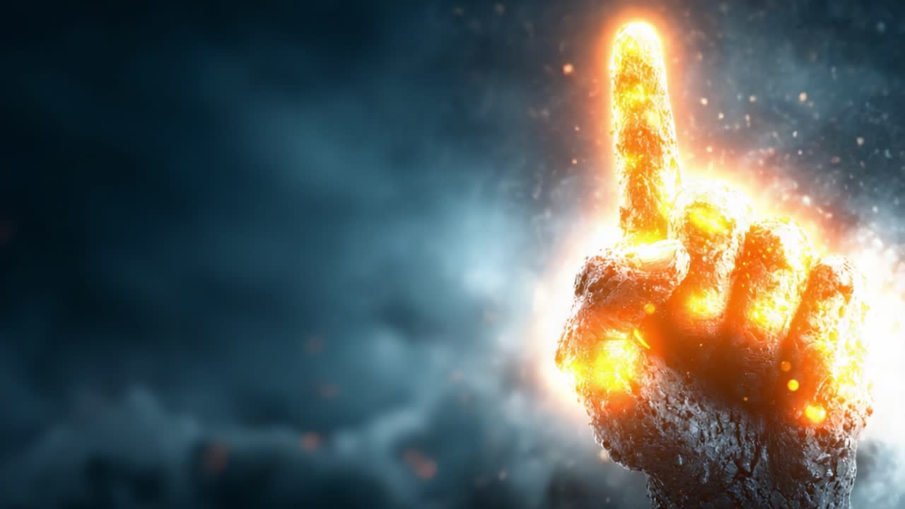 Una Rappresentazione Drammatica della Determinazione: Un Gesto della Mano Luminoso Simboleggia Speranza e Resilienza in uno Sfondo Scuro e Turbolento