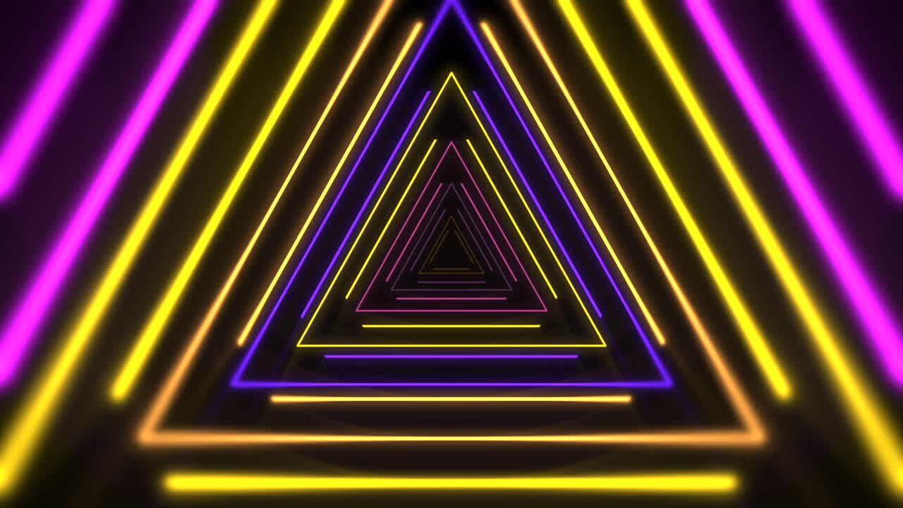 Triangoli geometrici neon arcobaleno in uno spazio scuro