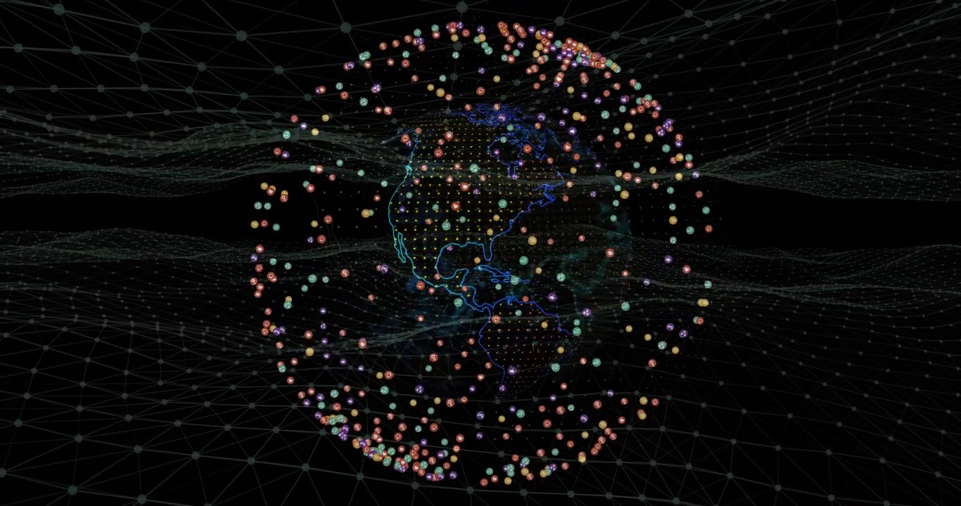 Wireframe globe emerging from dark void rotating pulsing colored nodes visualizing global data flow