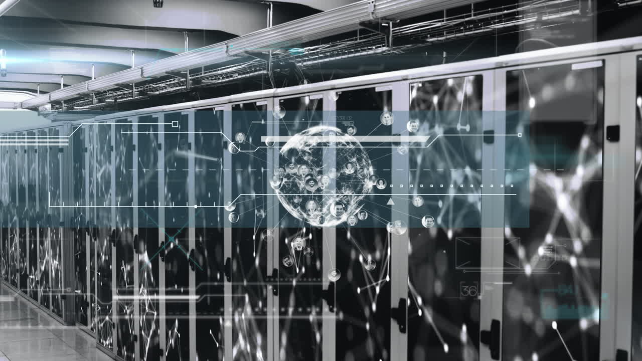 Animation of data processing and globe over server room