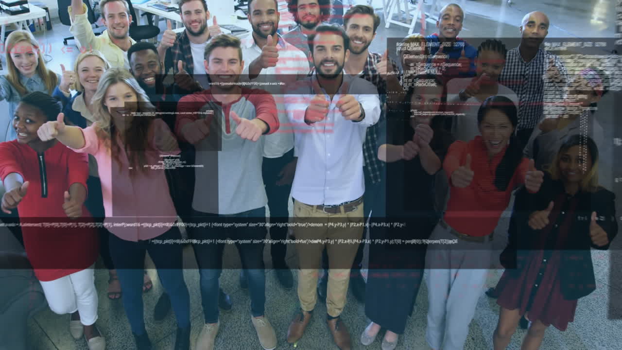 Animation of data processing over business people with thumbs up