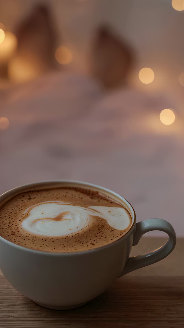 Vertical video: Rolling camera filming ceramic coffee cup on wooden table at home with latte art