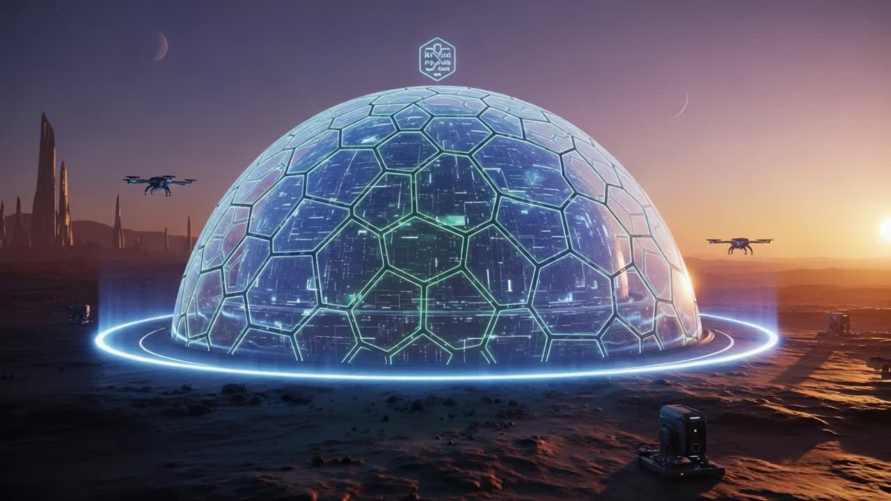 Futuristic Dome Structure in a Martian Landscape with High-Tech Drones and Advanced Energy Systems Under a Cosmic Sky