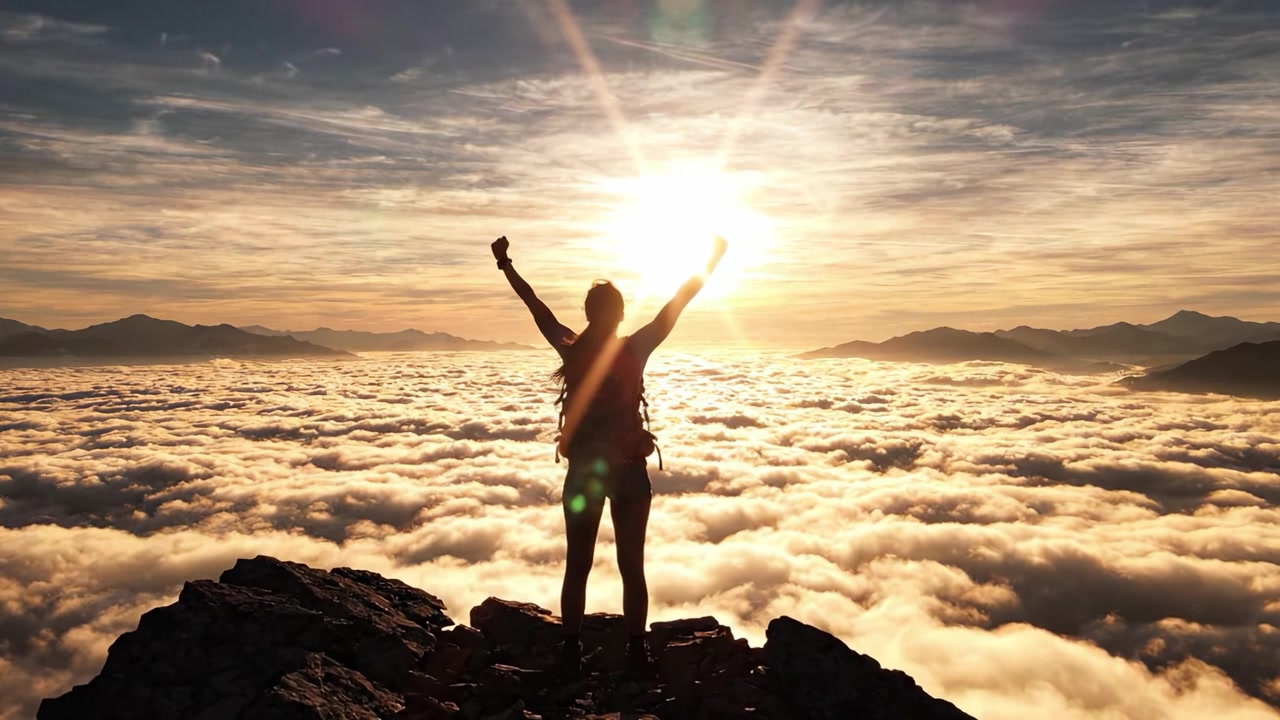 Una persona se alza triunfante en un pico rocoso, silueteada contra el vibrante amanecer, contemplando un impresionante mar de nubes, simbolizando el logro y la libertad.