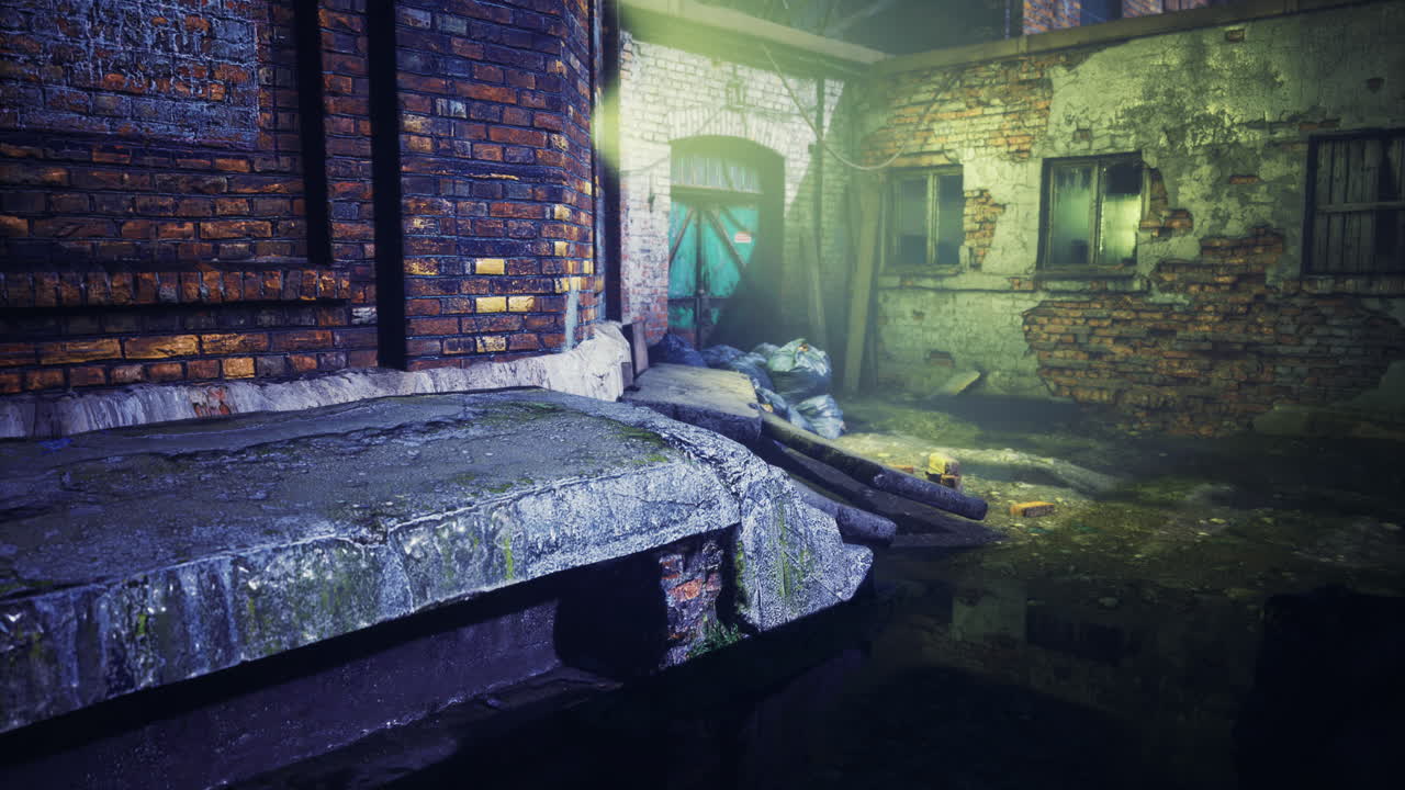 날씨가 변한 벽돌과 밤에 정체된 물이 있는 도시 골목길