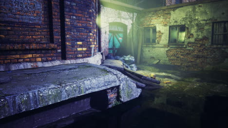urban alleyway with weathered bricks and stagnant water at night