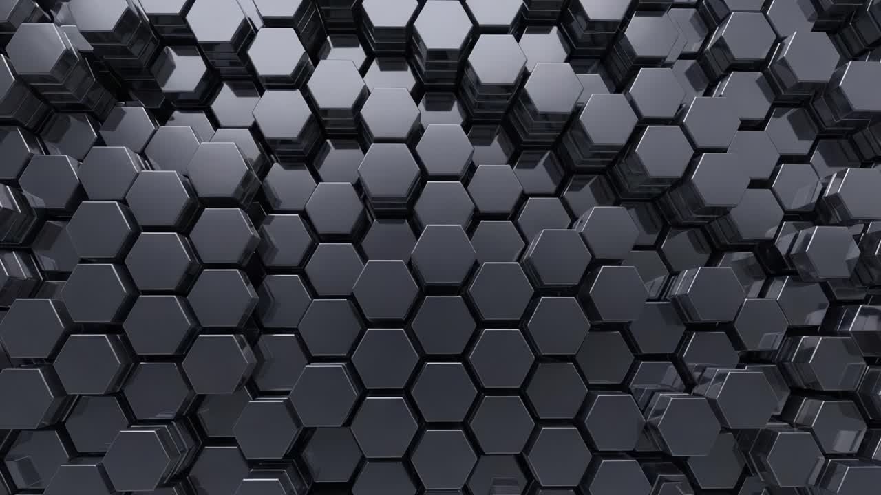 Abstract Visualization of Hexagonal Patterns in a Dark Shiny 3D Space, Showcasing Geometric Forms and Reflected Light in a Modern Design Aesthetic