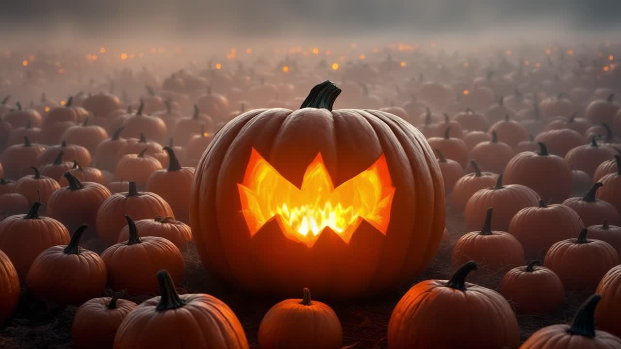 Jack-o'-lantern glowing in a pumpkin patch, showcasing Halloween spirit and festive ambiance