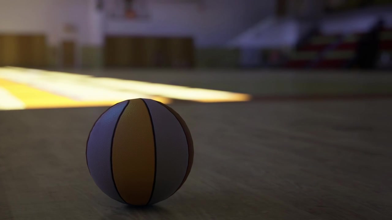 An unoccupied sports hall with reflective wooden surface and shadows