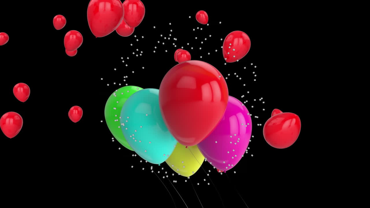 animación de partículas girando y globos sobre fondo negro