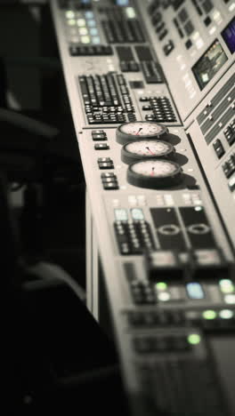 close-up of a complex control panel with numerous buttons, gauges, and displays