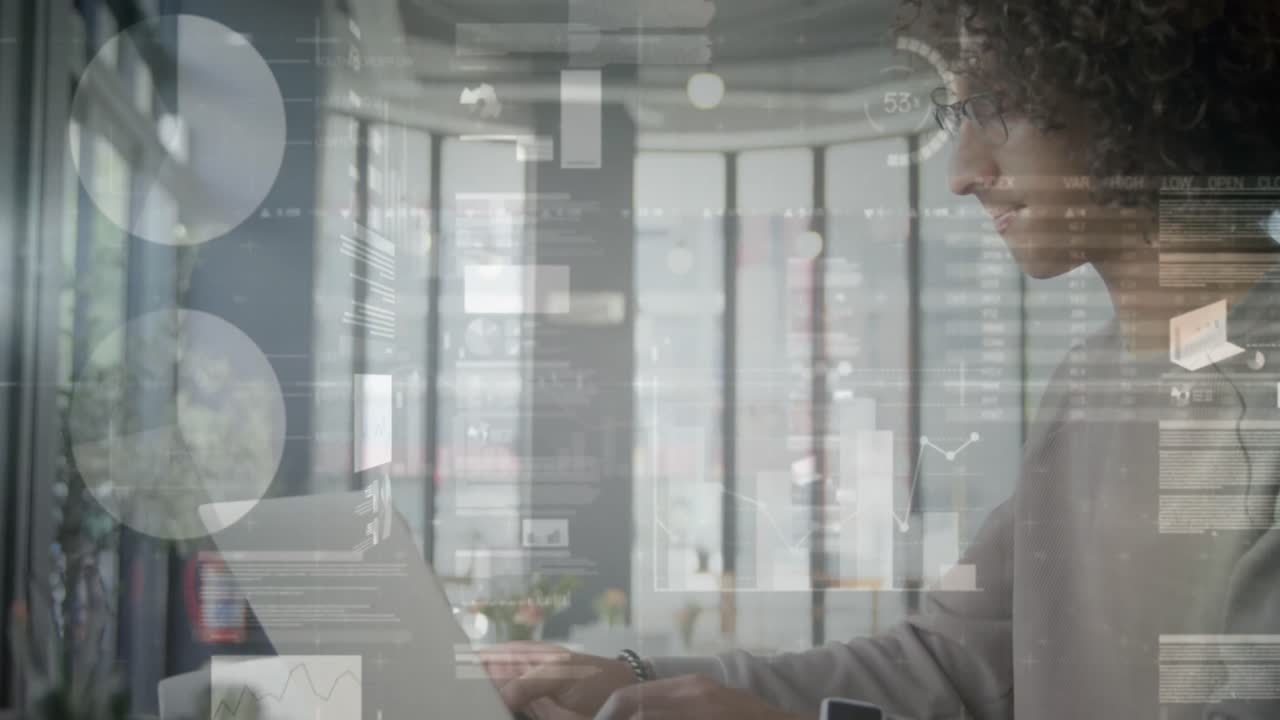 Animation of statistics and data processing over man using smartphone
