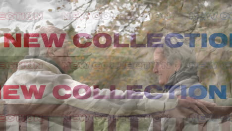 animation of new collection text in red and blue, over senior couple talking on park bench