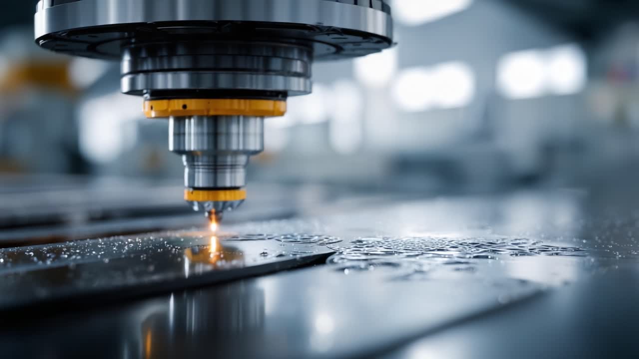 Precision Laser Cutting Technology in Action: A Close-Up View of a Laser Cutting Machine at Work, Highlighting the Laser Beam and Metal Material Interaction