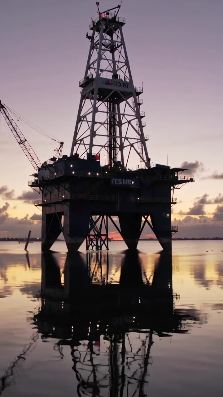 Vertical video: Tilting camera revealing jack-up rig reflecting on calm dusk sea, ripples forming