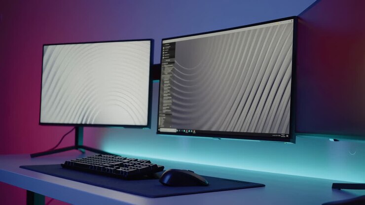 Modernes Doppelmonitor Gaming- oder Workstation-Setup mit RGB-Beleuchtung