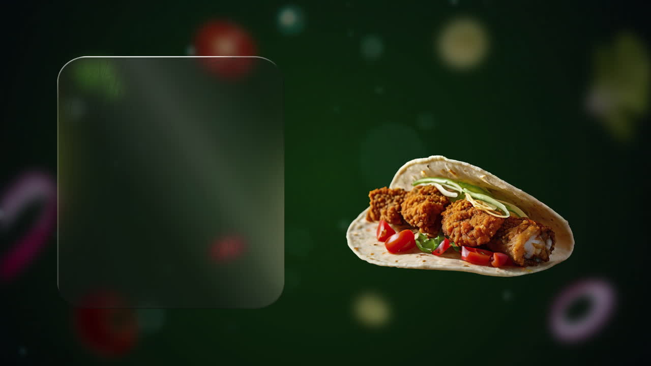 Crispy Fish Taco with tomatoes and cucumbers (green background) - A glass panel appears - ready for your message to shine above the plate