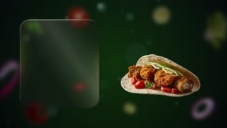 crispy fish taco with tomatoes and cucumbers (green background) - a glass panel appears - ready for your message to shine above the plate