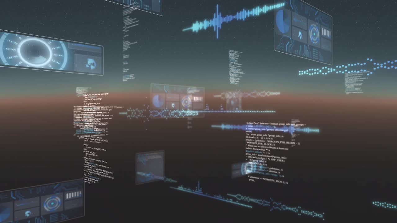 빛나는 지평선 위의 화면에서 데이터 처리 및 스 ⁇  스캐닝의 애니메이션