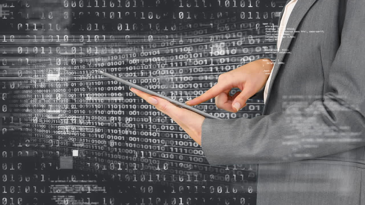 Animation of data processing and interference over caucasian businessman using tablet