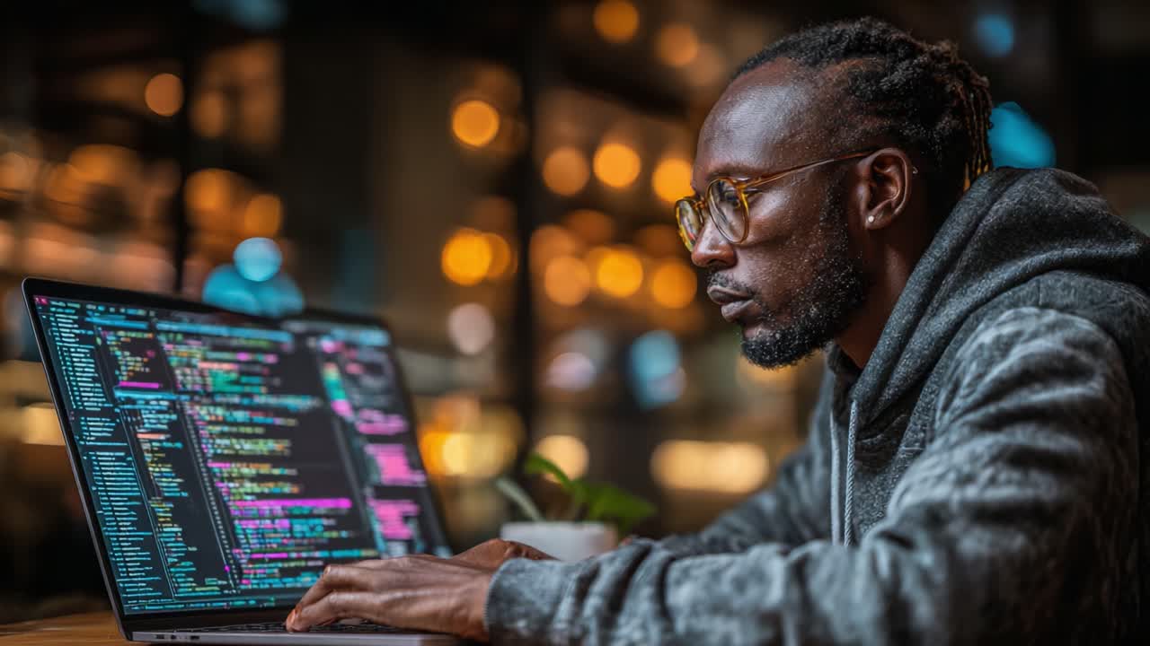 A Focused Developer Engaged in Coding: Capturing the Intense Moment of Programming in a Cozy Workspace with Ambient Lighting and Lush Greenery