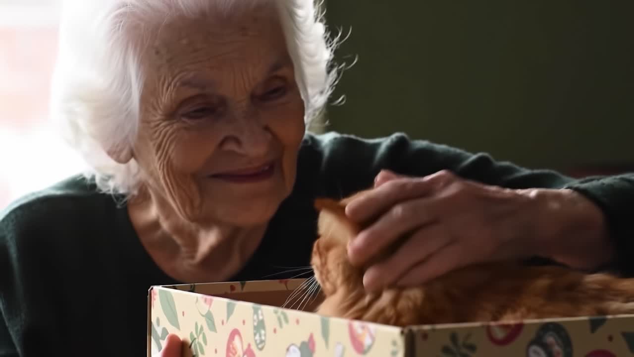 A Heartwarming Moment Between an Elderly Woman and Her Adorable Cat, Capturing the Joy and Companionship of Their Special Bond in a Cozy Setting