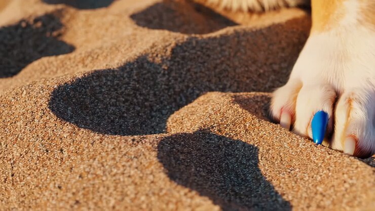 Zampa di cane nella sabbia